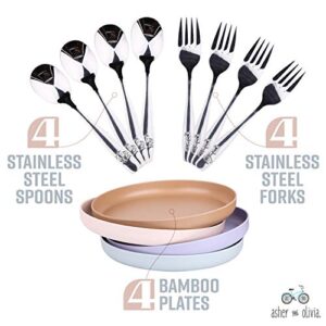 Bamboo Plates for Kids and Toddlers – 12 Pack Bamboo Toddler Plates & Stainless Steel Silverware Set – 8 Inch Bamboo Kids Plates – Eco-Friendly Kids Bamboo Plates – Dishwasher Safe