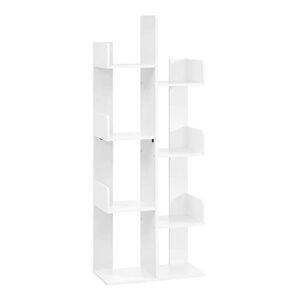 vasagle bookcase, tree-shaped bookshelf with 8 storage shelves, rounded corners, white 9.8d x 19.7w x 55.1h in, engineered wood