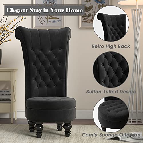 Mu Retro High Back Armless Chair, Velvet Royal Furniture Chair, Upholstered Tufted Accent Seat for Living Room, Dressing Room, Bedroom, Black