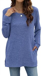 lerucci women's casual loose fall sweatshirt long sleeve crewneck pullover side split tunic tops with pockets blue xl