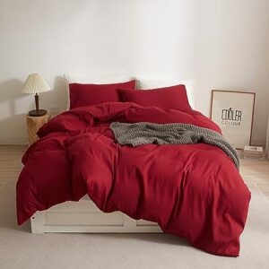 mucalis burgundy duvet cover queen washed brushed full/queen 3pc solid modern bedding duvet cover set with pillowcases zipper closure corner ties-no comforter