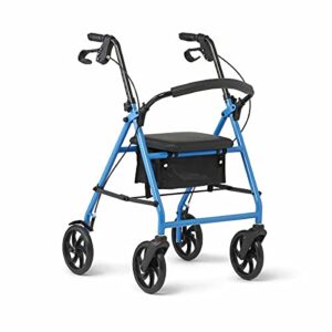 medline standard steel folding rollator adult walker with 8" wheels, supports up to 350 lbs, light blue
