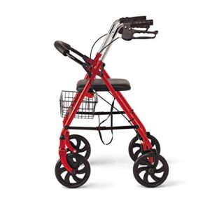 Medline Steel Rollator Walker with 8 Inch Wheels, Folding Rolling Walker, Adjustable Arms, Supports 300 lbs, Red