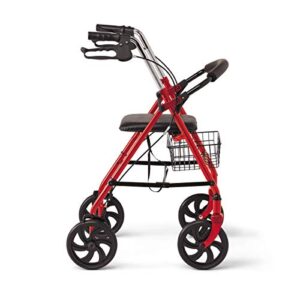 Medline Steel Rollator Walker with 8 Inch Wheels, Folding Rolling Walker, Adjustable Arms, Supports 300 lbs, Red