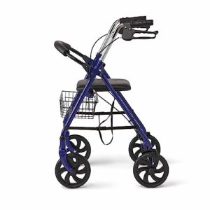 Medline Steel Rollator With 8 Inch Wheels, Folding Rolling Walker, Adjustable Arms, Supports 300 Lbs, Blue