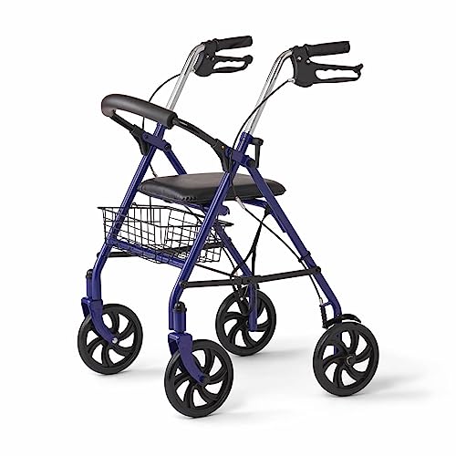 Medline Steel Rollator With 8 Inch Wheels, Folding Rolling Walker, Adjustable Arms, Supports 300 Lbs, Blue