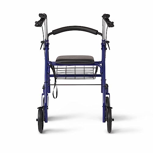 Medline Steel Rollator With 8 Inch Wheels, Folding Rolling Walker, Adjustable Arms, Supports 300 Lbs, Blue