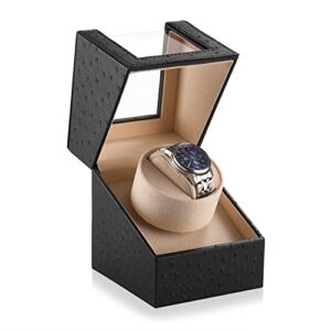 efaithtek automatic single watch winder in black ostrich pattern leather with japanese quiet motor，ac adapter or battery powered