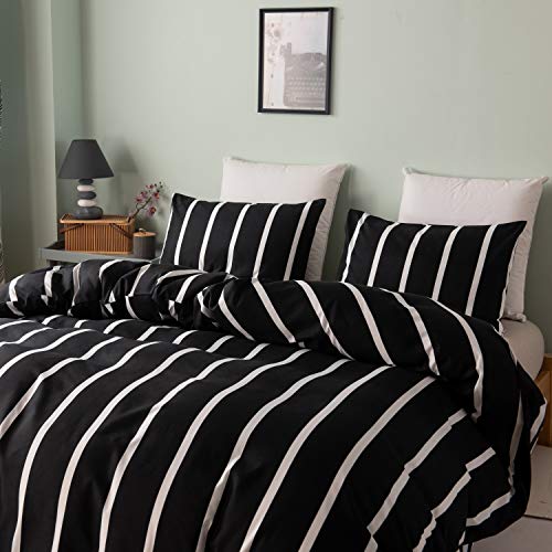 HSKIKWN Black and White Striped Comforter Set Microfiber Queen Duvet Cover Set 90"x90" Soft Hotel 3PCS Geometry Full Bedding Set