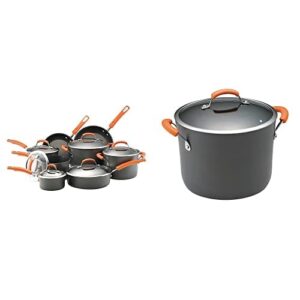 rachael ray brights hard-anodized nonstick cookware set with glass lids, 14-piece pot and pan set & brights hard anodized nonstick stock pot/stockpot with lid, 10 quart, gray with orange handles