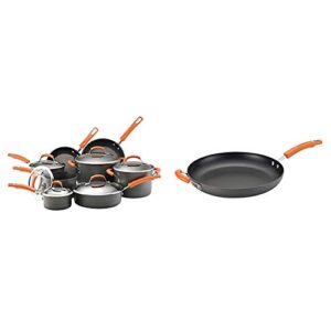 rachael ray brights hard-anodized nonstick cookware set with glass lids, 14-piece & brights hard anodized nonstick frying pan/fry pan/hard anodized skillet with helper handle - 14 inch, gray