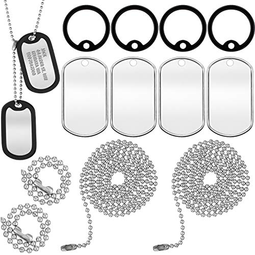 Weewooday 4 Pieces Military Dog Tag Silencer Silicone Round Rubbers Army Dog Tag Silencer Set Complete with 4 Steel Ball Chains & 4 Blank Dog Tags, Black