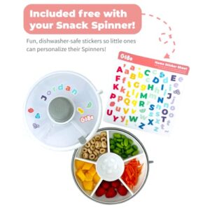 GoBe Kids Snack Spinner Bundle with Hand Strap and Sticker Sheet - Reusable Snack Container with 5 Compartment Dispenser and Lid | BPA and PVC Free | Dishwasher Safe | No Spill, Leakproof