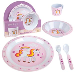 5 pc mealtime baby feeding set for kids and toddlers - includes plate, bowl, cup, fork and spoon utensil flatware - durable, dishwasher safe, bpa free - unicorn