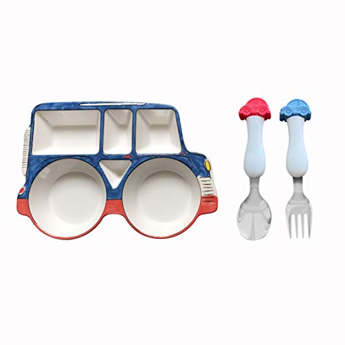 ARI MES Car Shaped Plate and Spoon & Fork Set Divided Plate BPA Free Eco-Friendly Food Level Dinnerware Toddler Child Children Kids Snack Meal Plate Feeding Picky Eater Boys (CAR PLATE + SPOON & FORK)