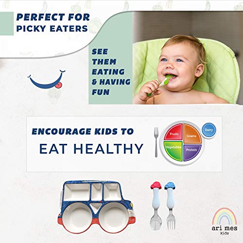 ARI MES Car Shaped Plate and Spoon & Fork Set Divided Plate BPA Free Eco-Friendly Food Level Dinnerware Toddler Child Children Kids Snack Meal Plate Feeding Picky Eater Boys (CAR PLATE + SPOON & FORK)