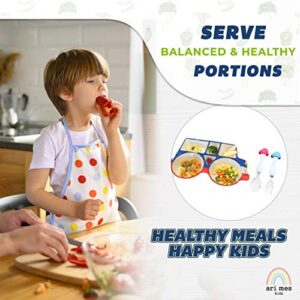ARI MES Car Shaped Plate and Spoon & Fork Set Divided Plate BPA Free Eco-Friendly Food Level Dinnerware Toddler Child Children Kids Snack Meal Plate Feeding Picky Eater Boys (CAR PLATE + SPOON & FORK)