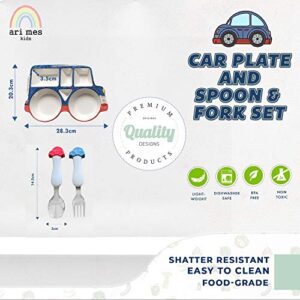 ARI MES Car Shaped Plate and Spoon & Fork Set Divided Plate BPA Free Eco-Friendly Food Level Dinnerware Toddler Child Children Kids Snack Meal Plate Feeding Picky Eater Boys (CAR PLATE + SPOON & FORK)