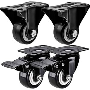 factorduty 4 pack combo 1.5 inch caster wheels 2 rigid non swivel fixed stationery & 2 with brake swivel plate all black polyurethane wheels non marking no noise 75lb per wheel