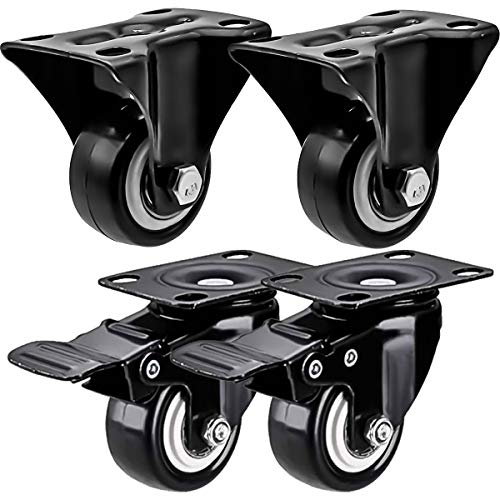 FactorDuty 4 Pack Combo 1.5 inch Caster Wheels 2 Rigid Non Swivel Fixed Stationery & 2 with Brake Swivel Plate All Black Polyurethane Wheels Non Marking No Noise 75lb Per Wheel