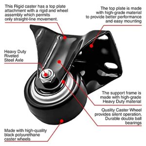 FactorDuty 4 Pack Combo 1.5 inch Caster Wheels 2 Rigid Non Swivel Fixed Stationery & 2 with Brake Swivel Plate All Black Polyurethane Wheels Non Marking No Noise 75lb Per Wheel