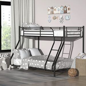 olela twin over full metal bunk beds, low profile bunk beds heavy duty steel bed frame with safety rail and ladder for boys girls adults dormitory bedroom,no box spring needed (black)