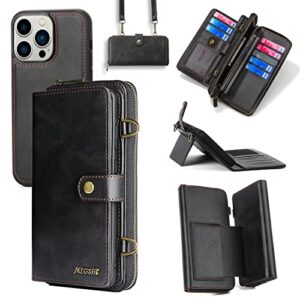 misscase compatible with iphone 12 pro max wallet case,multi-function wallet case,2 in 1 detachable magnetic wallet case with card holder,pu leather kickstand flip cover with lanyard black