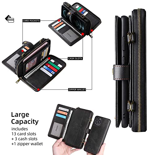 Misscase Compatible with iPhone 12 Pro Max Wallet Case,Multi-Function Wallet Case,2 in 1 Detachable Magnetic Wallet Case with Card Holder,PU Leather Kickstand Flip Cover with Lanyard Black
