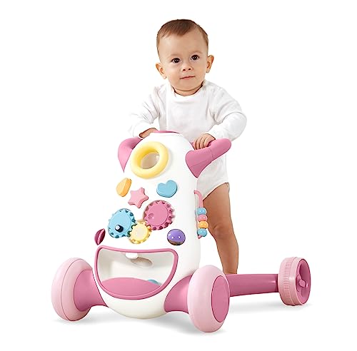 KÜB Baby & Toddler Interactive Push Walker, Educational Music Lights and Activities, Adjustable Speed Wheels, Safe & Stable,Pink,Girls Toy