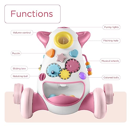 KÜB Baby & Toddler Interactive Push Walker, Educational Music Lights and Activities, Adjustable Speed Wheels, Safe & Stable,Pink,Girls Toy