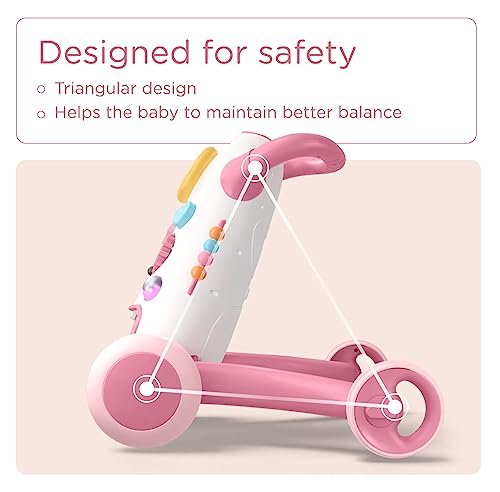 KÜB Baby & Toddler Interactive Push Walker, Educational Music Lights and Activities, Adjustable Speed Wheels, Safe & Stable,Pink,Girls Toy