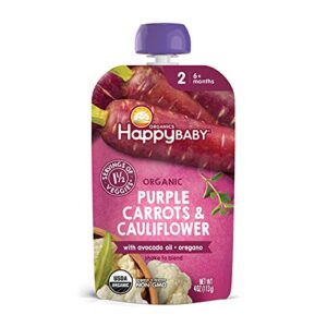 Happy Baby Organics Savory Blends Stage 2 Baby Food, Purple Carrots & Cauliflower with Avocado Oil + Oregano, 4 Ounce Pouch (Pack of 16) packaging may vary