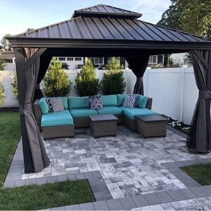 purple leaf 10' x 12' permanent hardtop gazebo aluminum gazebo with galvanized steel double roof for patio lawn and garden, curtains and netting included, grey