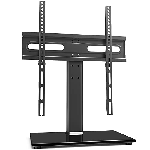 Universal TV Stand/Base Table Top TV Stand with Wall Mount for 27 to 60 inch 9 Level Height Adjustable, Heavy Duty Tempered Glass Base, Holds up to 88lbs Screens, HT06B-001