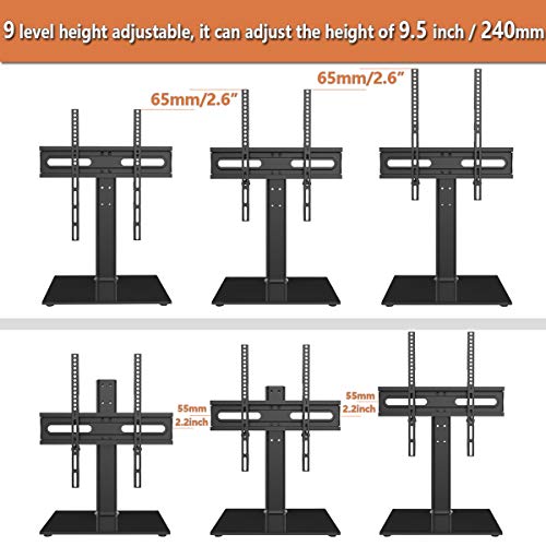 Universal TV Stand/Base Table Top TV Stand with Wall Mount for 27 to 60 inch 9 Level Height Adjustable, Heavy Duty Tempered Glass Base, Holds up to 88lbs Screens, HT06B-001