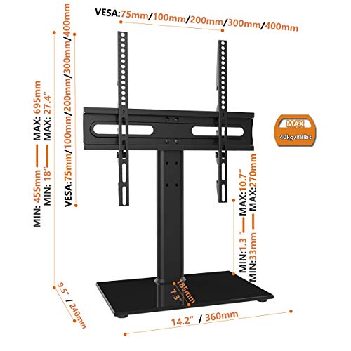 Universal TV Stand/Base Table Top TV Stand with Wall Mount for 27 to 60 inch 9 Level Height Adjustable, Heavy Duty Tempered Glass Base, Holds up to 88lbs Screens, HT06B-001