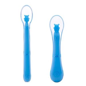 baby infant silicone spoon first-stage - soft training spoons utensils for babies solid feeding, self feeding for kids toddlers children 4 months led weaning gum-friendly great gift set 2 pack (blue)