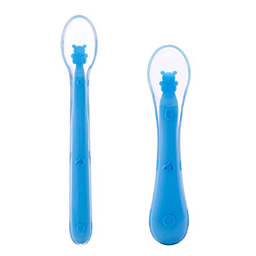 Baby Infant Silicone Spoon First-Stage - Soft Training Spoons Utensils for Babies Solid Feeding, Self Feeding for Kids Toddlers Children 4 Months Led Weaning Gum-Friendly Great Gift Set 2 Pack (Blue)