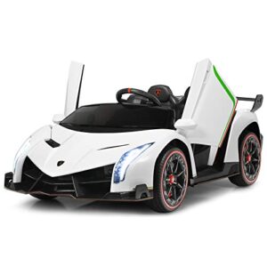 costzon 2-seater ride on car, licensed lamborghini poison, 12v battery powered car w/ 2.4g remote control, 3 speed, swing mode, led lights, horn, usb/mp3/tf, electric vehicle for kids, white