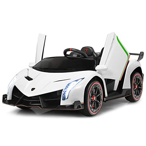 Costzon 2-Seater Ride on Car, Licensed Lamborghini Poison, 12V Battery Powered Car w/ 2.4G Remote Control, 3 Speed, Swing Mode, LED Lights, Horn, USB/MP3/TF, Electric Vehicle for Kids, White