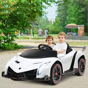 Costzon 2-Seater Ride on Car, Licensed Lamborghini Poison, 12V Battery Powered Car w/ 2.4G Remote Control, 3 Speed, Swing Mode, LED Lights, Horn, USB/MP3/TF, Electric Vehicle for Kids, White