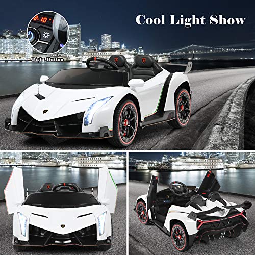 Costzon 2-Seater Ride on Car, Licensed Lamborghini Poison, 12V Battery Powered Car w/ 2.4G Remote Control, 3 Speed, Swing Mode, LED Lights, Horn, USB/MP3/TF, Electric Vehicle for Kids, White