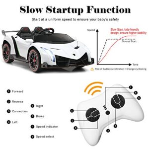 Costzon 2-Seater Ride on Car, Licensed Lamborghini Poison, 12V Battery Powered Car w/ 2.4G Remote Control, 3 Speed, Swing Mode, LED Lights, Horn, USB/MP3/TF, Electric Vehicle for Kids, White