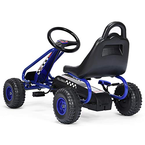 HONEY JOY Go Kart for Kids, 4 Wheel Pedal Powered Go Cart with Steering Wheels & Adjustable Seat, Safety Hand Brake, Non-Slip Tires, Outdoor Off-Road Racer Ride On Pedal Car for Boy Girl (Blue)