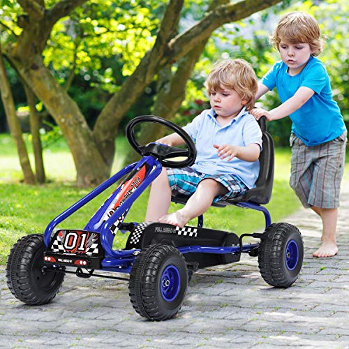 HONEY JOY Go Kart for Kids, 4 Wheel Pedal Powered Go Cart with Steering Wheels & Adjustable Seat, Safety Hand Brake, Non-Slip Tires, Outdoor Off-Road Racer Ride On Pedal Car for Boy Girl (Blue)