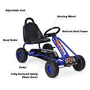 HONEY JOY Go Kart for Kids, 4 Wheel Pedal Powered Go Cart with Steering Wheels & Adjustable Seat, Safety Hand Brake, Non-Slip Tires, Outdoor Off-Road Racer Ride On Pedal Car for Boy Girl (Blue)