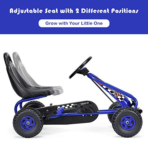 HONEY JOY Go Kart for Kids, 4 Wheel Pedal Powered Go Cart with Steering Wheels & Adjustable Seat, Safety Hand Brake, Non-Slip Tires, Outdoor Off-Road Racer Ride On Pedal Car for Boy Girl (Blue)