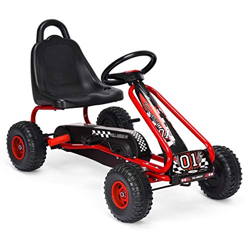 HONEY JOY Go Kart for Kids, 4 Wheel Pedal Powered Go Cart with Steering Wheels & Adjustable Seat, Safety Hand Brake, Non-Slip Tires, Outdoor Off-Road Racer Ride On Pedal Car for Boy Girl (Red)