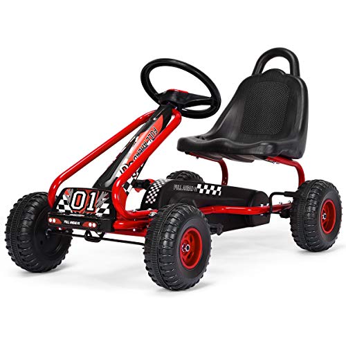 HONEY JOY Go Kart for Kids, 4 Wheel Pedal Powered Go Cart with Steering Wheels & Adjustable Seat, Safety Hand Brake, Non-Slip Tires, Outdoor Off-Road Racer Ride On Pedal Car for Boy Girl (Red)