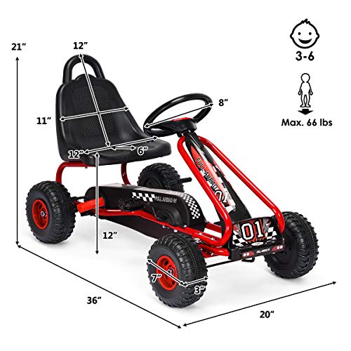 HONEY JOY Go Kart for Kids, 4 Wheel Pedal Powered Go Cart with Steering Wheels & Adjustable Seat, Safety Hand Brake, Non-Slip Tires, Outdoor Off-Road Racer Ride On Pedal Car for Boy Girl (Red)